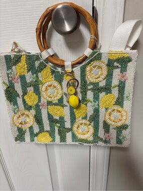 White Crossbody Bag with Embroidered Lemon Motif and Bamboo Handle